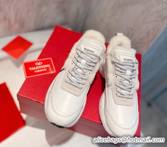 Discount Valentino VLogo Leather and Wool Sneakers 111895 White