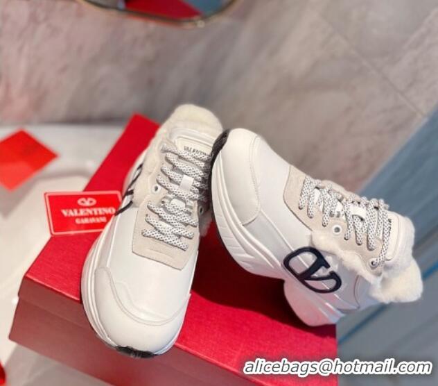 Discount Valentino VLogo Leather and Wool Sneakers 111895 White