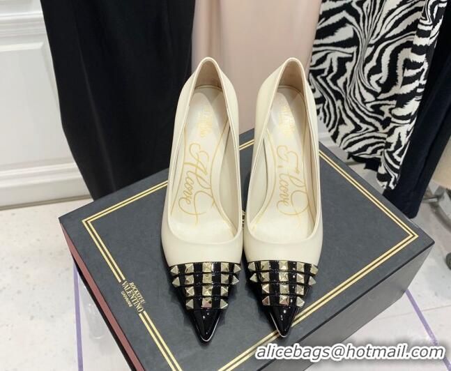 Luxury Valentino Rockstud Alcove Calfskin and Patent Leather Pumps 9cm 112411 White/Silver