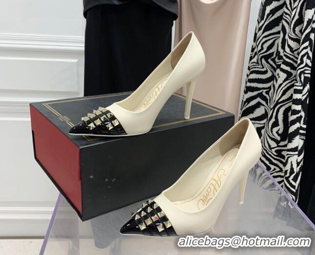 Luxury Valentino Rockstud Alcove Calfskin and Patent Leather Pumps 9cm 112411 White/Silver