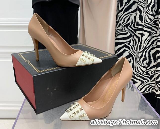 Stylish Valentino Rockstud Alcove Calfskin and Patent Leather Pumps 9cm 112411 Beige/Silver