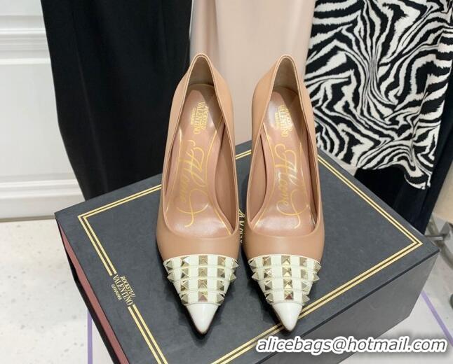 Stylish Valentino Rockstud Alcove Calfskin and Patent Leather Pumps 9cm 112411 Beige/Silver