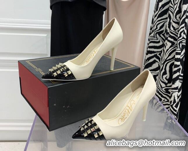 Fashion Valentino Rockstud Alcove Calfskin and Patent Leather Pumps 9cm 112414 Black/White