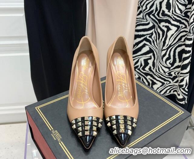 Fashion Valentino Rockstud Alcove Calfskin and Patent Leather Pumps 9cm 112414 Rose Beige/Black