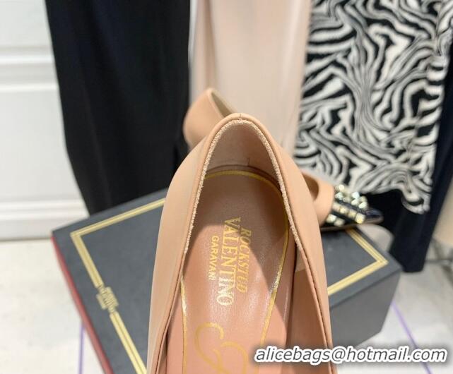 Fashion Valentino Rockstud Alcove Calfskin and Patent Leather Pumps 9cm 112414 Rose Beige/Black