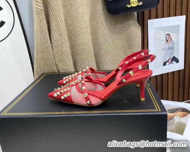 Best Product Valentino Rockstud Alcove Calfskin Slingback Pumps 6.5cm 112417 Red