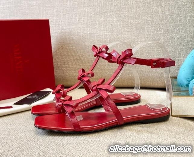 Shop Duplicate Valentino Lambskin Bow Flat Sandals 121738 Red