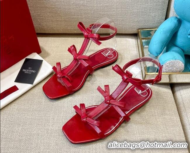 Shop Duplicate Valentino Lambskin Bow Flat Sandals 121738 Red