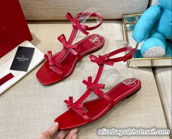 Shop Duplicate Valentino Lambskin Bow Flat Sandals 121738 Red