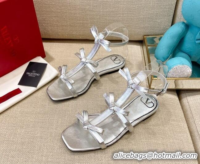 Unique Style Valentino Lambskin Bow Flat Sandals 121738 Silver