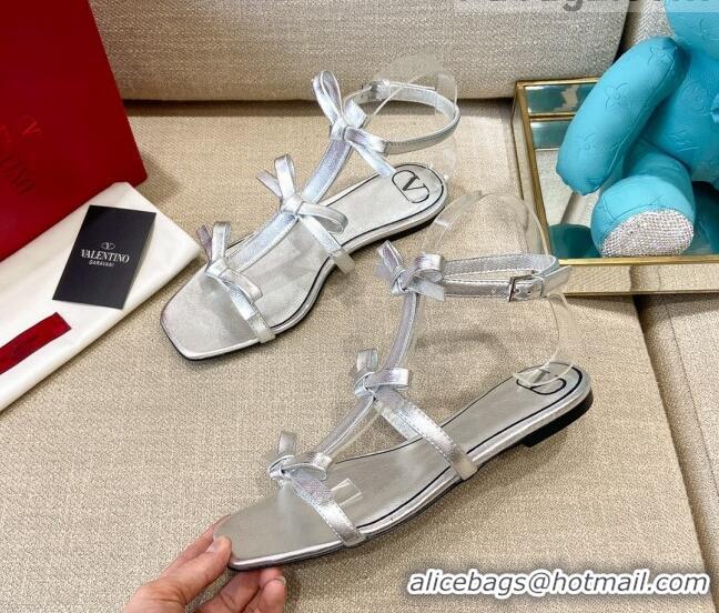 Unique Style Valentino Lambskin Bow Flat Sandals 121738 Silver