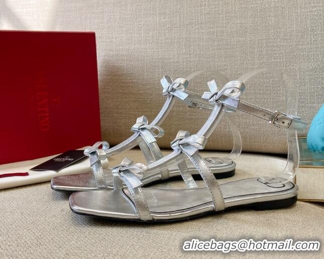 Unique Style Valentino Lambskin Bow Flat Sandals 121738 Silver