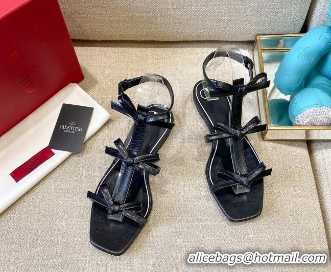 Good Looking Valentino Lambskin Bow Flat Sandals 121738 Black