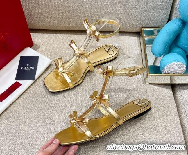 Classic Hot Valentino Lambskin Bow Flat Sandals 121738 Gold