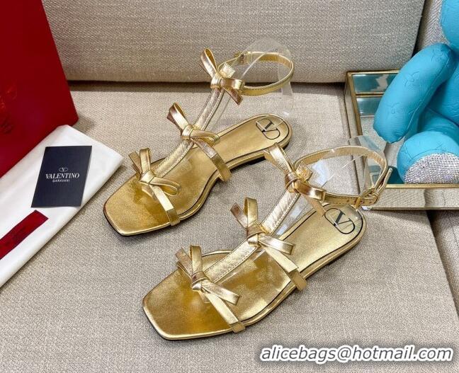 Classic Hot Valentino Lambskin Bow Flat Sandals 121738 Gold