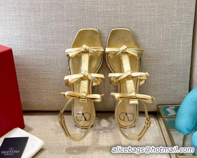 Classic Hot Valentino Lambskin Bow Flat Sandals 121738 Gold