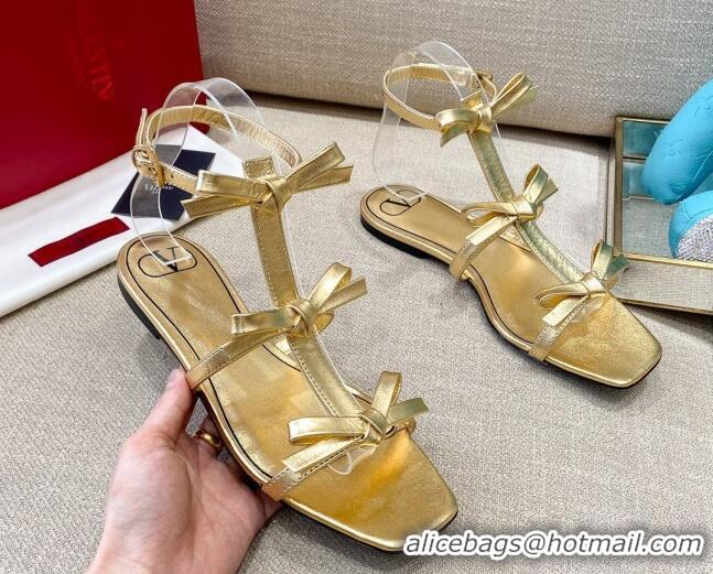 Classic Hot Valentino Lambskin Bow Flat Sandals 121738 Gold