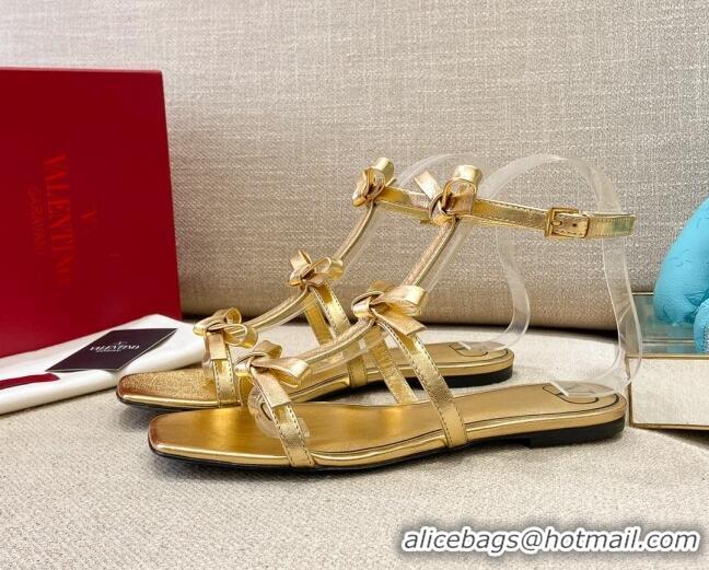 Classic Hot Valentino Lambskin Bow Flat Sandals 121738 Gold