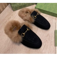 Purchase Gucci 100 Velvet Fur Slippers Black 111624