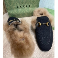 Purchase Gucci 100 Velvet Fur Slippers Black 111624