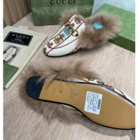 Shop Duplicate Gucci 100 Flower Jacquard Canvas Fur Slippers White 111626