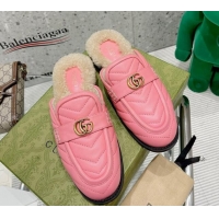 Discount Gucci Leather Shearling Slippers with Double G 111631 Pink