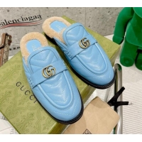 Luxurious Gucci Leather Shearling Slippers with Double G 111631 Blue