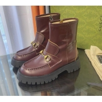 Unique Style Gucci Leather Ankle Boot with Horsebit 643900 Burgundy