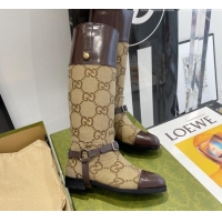 Good Quality Gucci GG Canvas and Leather Knee-high boot with Harness 112331 Beige/Brown