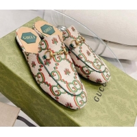 Top Design Gucci 100 Flower Jacquard Canvas Flat Mules White/Green 121378