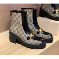 Lower Price Gucci GG Canvas and Leather Interlocking G Horsebit Ankle Boots Beige/Black 121776