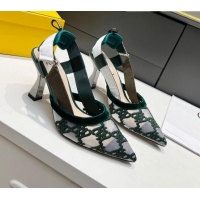 Charming Fendi Colibri Karligraphy Slingback Pumps 8cm in Mesh and Embroidery 111610 Green