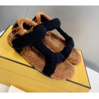 Good Quality Fendi Feel Shearling Flat Sandals 121559 Black/Brown