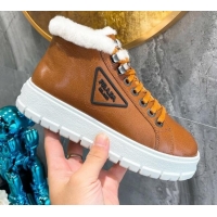 Super Quality Prada Leather and Wool High-Top Sneakers 111857 Brown