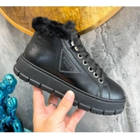 Best Price Prada Leather and Wool High-Top Sneakers 111857 Black