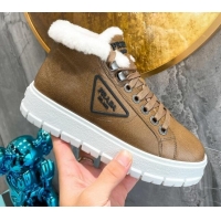 Top Quality Prada Leather and Wool High-Top Sneakers Brown 111860