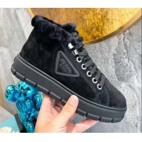 Top Quality Prada Suede and Wool High-Top Sneakers Black 111861