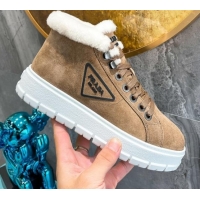 Best Luxury Prada Suede and Wool High-Top Sneakers Brown 111862