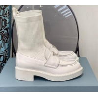 Perfect Prada Brush Leather Knit Ankle Boots 112386 White