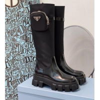 Stylish Prada Nylon and Leather High Boots with Pouch Black 112394