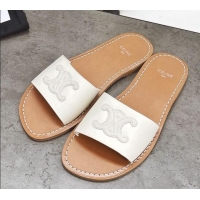 Discount Celine Logo Leather Slide Sandals 060834 White