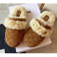 Super Quality Celine Fur Slides Triomphe Slipper in Suede and Shearling Wool 083023 Brown