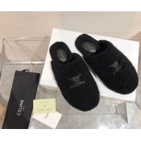 Top Quality Celine Triomphe Shearling Flat Slide Sandals 092235 Black