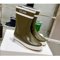 Good Product Celine Shiny Leather Rain Boots Khaki Green 120448