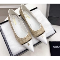 Best Product Chanel Tweed & Lambskin Pointed Ballerinas 121454 Beige/White