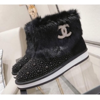 Best Design Chanel Crystal & Rabbit Fur Ankle Boots Black 121467