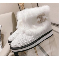 Custom Chanel Crystal & Rabbit Fur Ankle Boots 121467 White