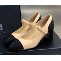 Best Luxury Chanel Lambskin & Grosgrain Mary Janes Pumps 7cm 121482 Beige/Black