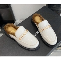 Cheap Design Chanel Patent Leather & Shearling Mules 121488 White