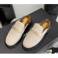 Unique Grade Chanel Patent Leather & Shearling Mules 121488 Light Beige